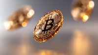 Golden cryptocurrency coin floating in air with blurred bokeh lights background, metallic money symbol glowing with warm light and reflective surface.