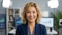 Middle-aged woman with wavy blonde hair and fair complexion, wearing a dark blazer over a patterned blouse, smiling in a modern office environment with computer monitors and shelving.