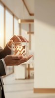 Businessman hands protecting glowing house model with upward arrow symbolizing real estate growth and property investment success in modern office.