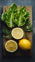 Fresh romaine lettuce leaves with sliced lemon and mint on wooden cutting board against dark background. Healthy cooking ingredients for salad preparation.