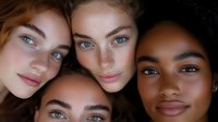 Four diverse young women with natural makeup showcasing different skin tones and ethnicities in close portrait composition for beauty and skincare concepts.