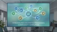 Streamlined business processes complexity simplified displayed on digital screen in modern office conference room with connected workflow icons.