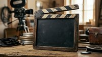 Vintage film clapperboard with worn black and white stripes on wooden table surrounded by filmmaking equipment and reels in studio setting.