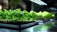 Fresh microgreens growing in black container under LED grow lights, selective focus on vibrant green sprouts showing modern indoor farming technology.