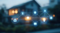 Smart home automation network with connected devices and security icons glowing against blurred residential house background in evening light.