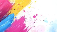 Vibrant brush strokes in pink, yellow and blue create dynamic abstract composition with paint splatters and energetic movement on white background, ready for creative projects.