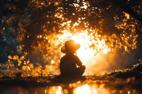 Silhouette of child in hat sitting alone at sunset, surrounded by golden bokeh light filtering through autumn trees, creating magical atmosphere.