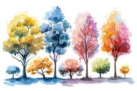 Colorful watercolor trees in seasonal colors line up against white background, showing nature's transition through the year in artistic style. For wall art and design.