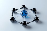 Molecular structure model with black spheres arranged in hexagonal shape around central blue sphere, connected by silver rods on light background.