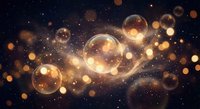 Golden bubbles floating in cosmic space with warm bokeh lights and starry night sky background creating magical dreamy atmosphere for fantasy designs.