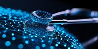 Digital stethoscope wireframe glowing in blue neon light with network connections on dark background, representing healthcare technology and medical data analysis.