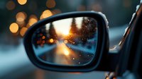 Side view mirror reflection showing sunset bokeh lights through raindrops on glass surface, creating atmospheric moody evening scene during rainfall on road.