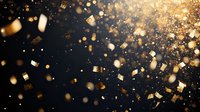 Flying golden confetti and glitter particles on dark background with bokeh light effects create festive luxury celebration atmosphere.