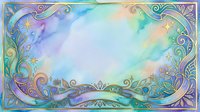 Watercolor frame with ornate golden swirls, stars, and floral details on a soft pastel blue and purple background for cards and invitations.