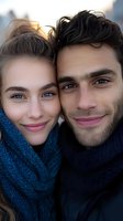 Happy young couple in blue scarves smiling together outdoors in warm sunlight during winter season for lifestyle and relationship content.