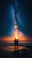 Romantic couple silhouette against vibrant Milky Way galaxy and ocean horizon at night, stars reflecting on water surface creating magical atmosphere.