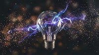 Light bulb with electric lightning energy sparks and glowing particles on dark background. Innovation creativity and brainstorming concept for business.
