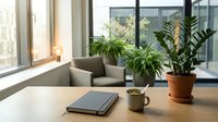 Modern office workspace with wooden desk, closed notebook, ceramic mug, and potted plant near window with comfortable armchair and green plants for professional work environment.