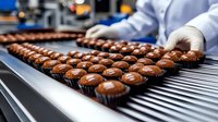 Chocolate pralines on conveyor belt at confectionery manufacturing facility. Worker in white uniform and protective gloves arranges fresh candies for packaging.