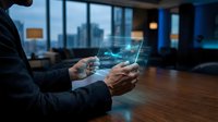 Businessman using smartphone with holographic digital interface in modern office environment for technology and communication concepts.