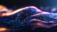 Abstract digital wave of glowing particles flowing with orange and blue light effects against dark background, representing data visualization and technology.