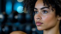 Young African American woman with natural curly hair and flawless makeup gazing thoughtfully against blurred blue bokeh background, expressing confidence and modern beauty.