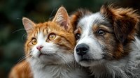 Orange tabby cat and Australian shepherd dog sitting close together outdoors, showcasing friendship between pets in natural lighting for animal companionship concepts.
