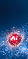 Abstract digital network with glowing red AI symbol surrounded by luminous connections on deep blue background, representing artificial intelligence technology.