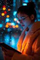 Young Asian woman in glasses and cozy orange sweater looking at mobile phone screen at night, illuminated by vibrant blue and orange bokeh lights.