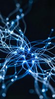 Abstract blue fiber optic cables with glowing light points creating network connections on dark background for technology and communication concepts.