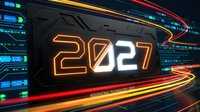 Futuristic neon 2027 number display with glowing orange and white lights on dark metallic surface surrounded by colorful light trails and digital interface elements.