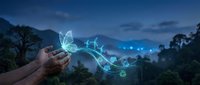 Hands holding smartphone with glowing digital butterflies and nature icons emerging from screen against mountain landscape at dusk for eco-technology concepts.