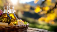Olive oil bottles in wicker basket with bread and herbs on wooden table outdoors. Mediterranean cooking ingredients for healthy recipes and culinary arts.