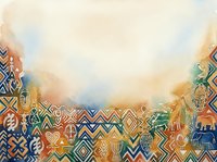 Ethnic tribal geometric patterns with warm watercolor sky background, featuring traditional ornamental borders in orange, blue, and gold tones for cultural design projects.