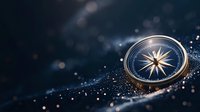 Vintage brass compass on dark background with magical glowing sparkles and bokeh lights creating mystical navigation atmosphere for business guidance.