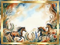 Horses galloping through ornamental floral frame with watercolor sky, decorative botanical elements and golden border, suitable for equestrian art prints and luxury design projects.