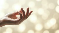 Open palm hand reaching upward with soft golden bokeh light background creating peaceful spiritual atmosphere for meditation and wellness concepts.