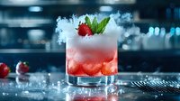 Red strawberry cocktail with crushed ice and mint garnish in rocks glass surrounded by dramatic smoke effect and water drops on dark background.