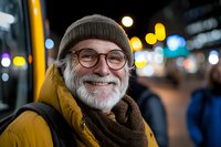 Cheerful senior Caucasian man with gray beard wearing glasses, yellow winter jacket and beanie hat smiling outdoors at night with blurred city lights background.
