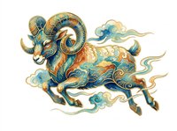Ornate ram with curved horns in gold and teal, featuring decorative swirls and clouds, isolated on transparent background for t-shirt design, clipart, stickers and print-on-demand projects.