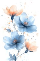 Delicate watercolor flowers in blue and orange hues with artistic paint splatters on white background for modern botanical design projects.