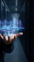 Businessman holding holographic power grid with transmission towers and electrical infrastructure floating above palm in futuristic energy concept.