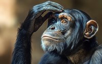 Thoughtful chimpanzee with hand on forehead in contemplative pose showing primate intelligence and human-like expression for wildlife education.