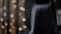 Silky straight black hair against blurred golden bokeh lights background, showing healthy shine and smoothness. Professional haircare and beauty concept.