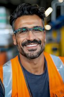 Middle-aged Hispanic male warehouse worker wearing safety vest and glasses smiles confidently at camera. Professional portrait showing diversity in industrial workplace setting.