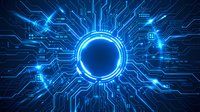 Futuristic blue circuit board with glowing central hub and radiating electronic pathways for technology and digital innovation concepts.