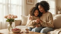 African American mother and young daughter with curly hair sitting together on beige sofa, reading book in bright living room with flowers and natural light, bonding moment for family activities.