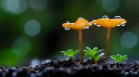 Orange mushrooms with water drops growing from dark soil, surrounded by small green leaves against blurred forest background with bokeh lights.