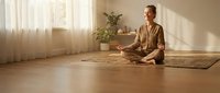 Young Caucasian woman practicing meditation in lotus pose on yoga mat in bright modern living room with natural sunlight streaming through windows.
