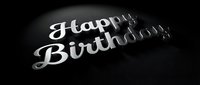 Happy Birthday text with silver metallic lettering and party streamers on dark background, suitable for greeting cards, invitations, and celebration designs.